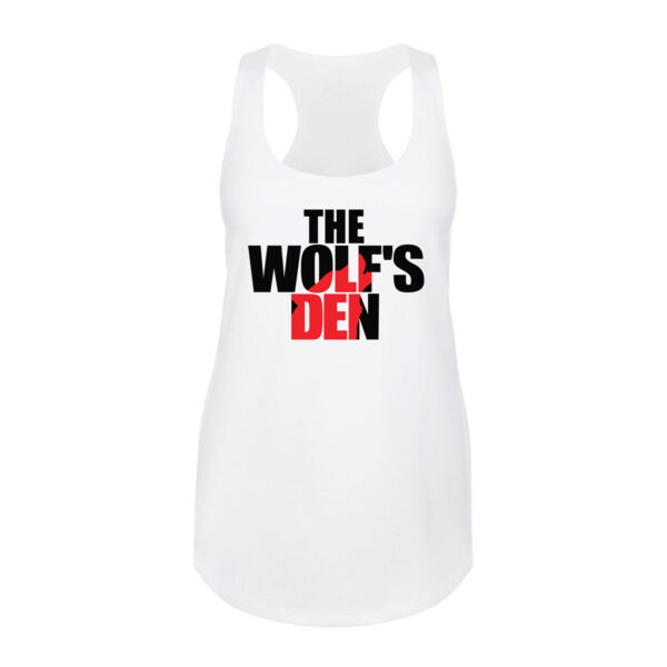 THE WOLF'S DEN LOGO - PREMIUM WOMEN'S FITTED RACERBACK TANK TOP - WHITE Thumbnail