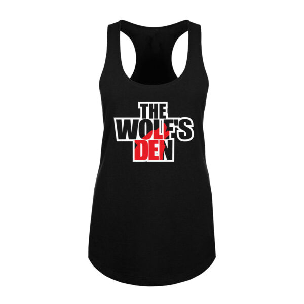 THE WOLF'S DEN LOGO - PREMIUM WOMEN'S FITTED RACERBACK TANK TOP - BLACK Thumbnail